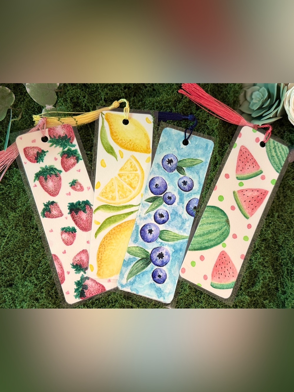 Hand-Painted Watercolor Bookmark Set- Strawberries Lemons Blueberries Watermelon
